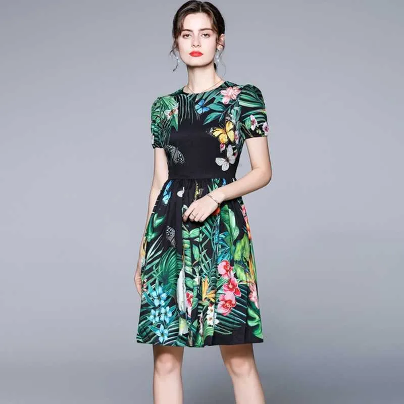 Sommer Mode Temperament Casual Frauen O Hals Kurzarm Tropical Style Print Dünnes Kleid 210531