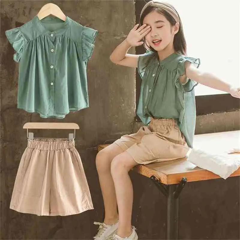 Kızlar Yaz Tatlı Giyim Setleri Moda Çocuk Bebek Çocuk Kız Kısa Kollu Gömlek + Pantolon P2138 210622
