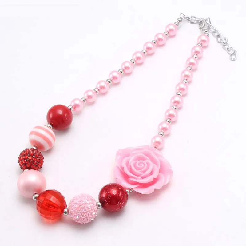 Colliers de perles de fleurs roses à breloques pour filles et enfants, bricolage, strass, gros bubblegum, bijoux pour la saint-valentin