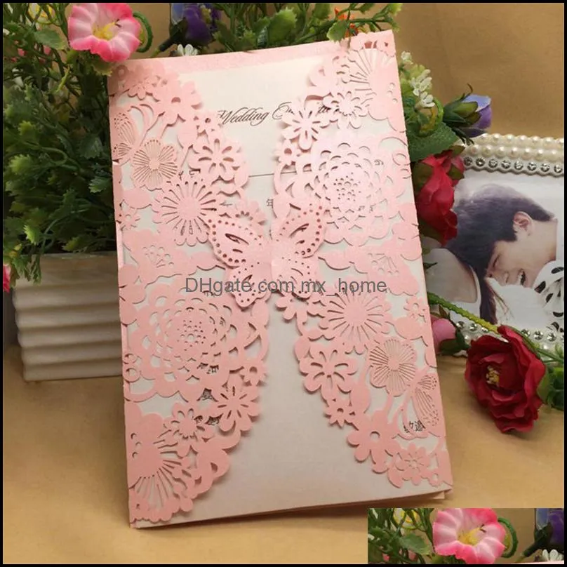 Greeting Cards 40pcs/pack Shiny Pearl Paper Wedding Invitation Card Flower Laser Cut Carved 3D Butterfly Invitations For Birthday