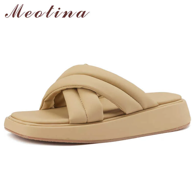 Meotina Mulheres Chinelos Sapatos Cunhas Med Heel Sandálias Quadrado Toe Senhoras Calçado De Verão Apricot Azul Fashion Shoes 210608