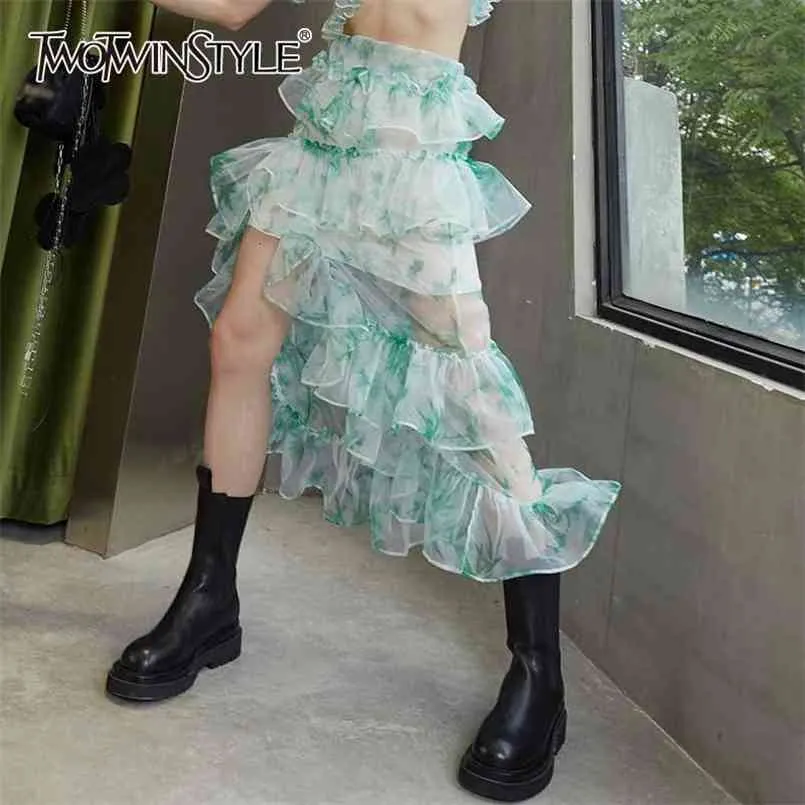 緑のプリントパッチワークのカジュアルなスカートのための高い腰の側の分割フリルスカート女性の夏の服スタイル210521