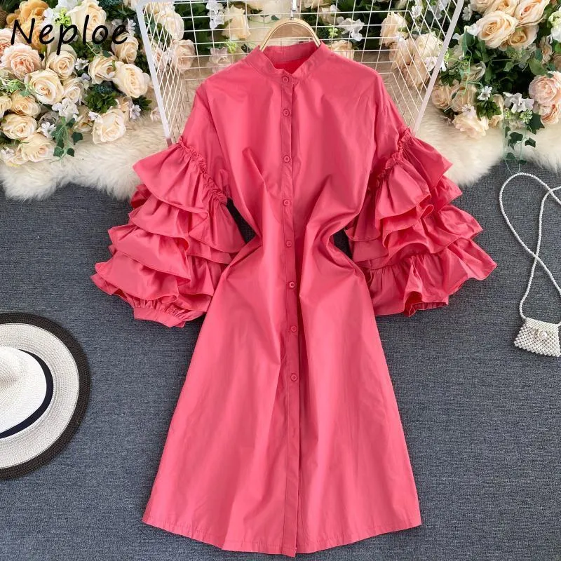 Neploe Chic Butterfly Sleeve Shirt Dress Autumn Stand Collar Single Breasted Dresses Women Casual Simple Fashion Femme Vestidos 210423