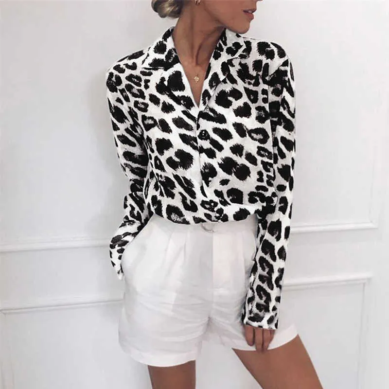 Jocoo Jolee Spring Long Sleeve Leopard Blouse Office Lady Shirt Causal Turn Down Collar Loose Chiffon Blouse Tunic Tops 3XL 210619