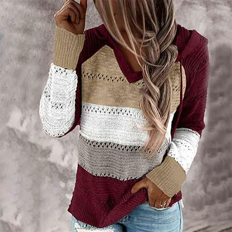 Fitshinling Bohemian Hooded Jumper Sweaters Pullovers Kvinna Kläder Patchwork Höst Höst Vinter Dra Vintage Sweater Kvinna 210806
