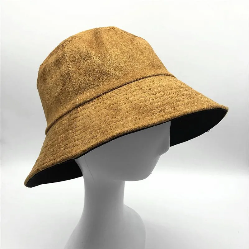 女性のソリッドフェイクスエードバケツ帽子コットンツイルガールリバーシブルスプリング夏の漁師の太陽を防ぐ
