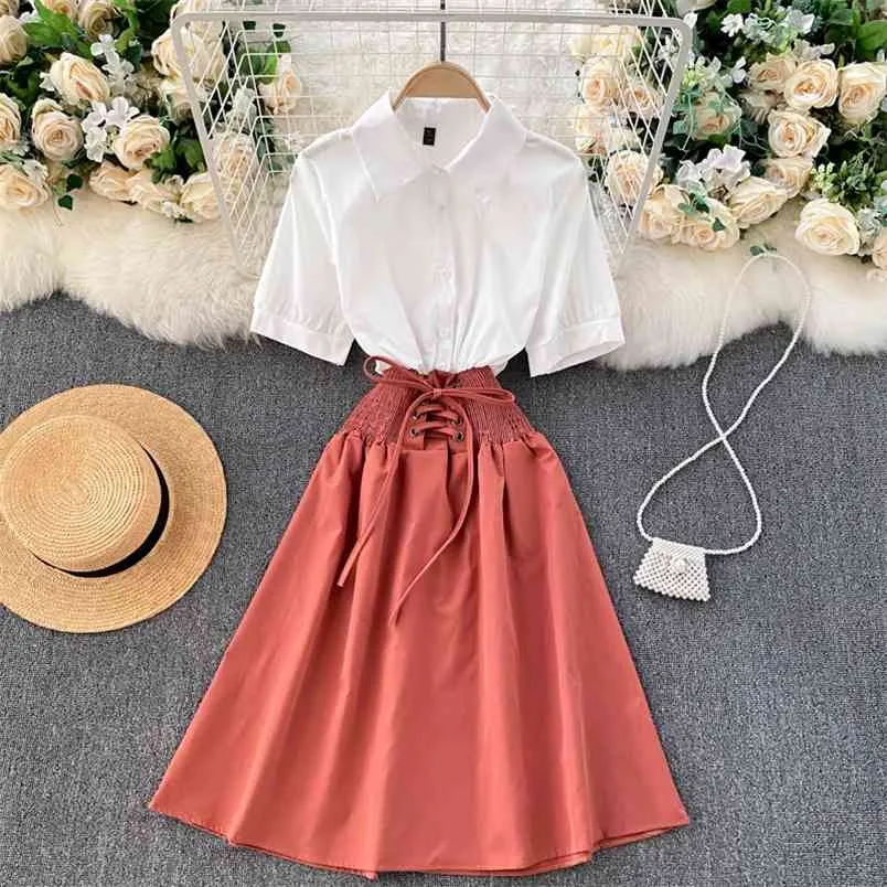 Spring Fashion Shirt Dress Patchwork Women Short-Sleeved Contrast Color slim fit Waist A-Line UK966 210506