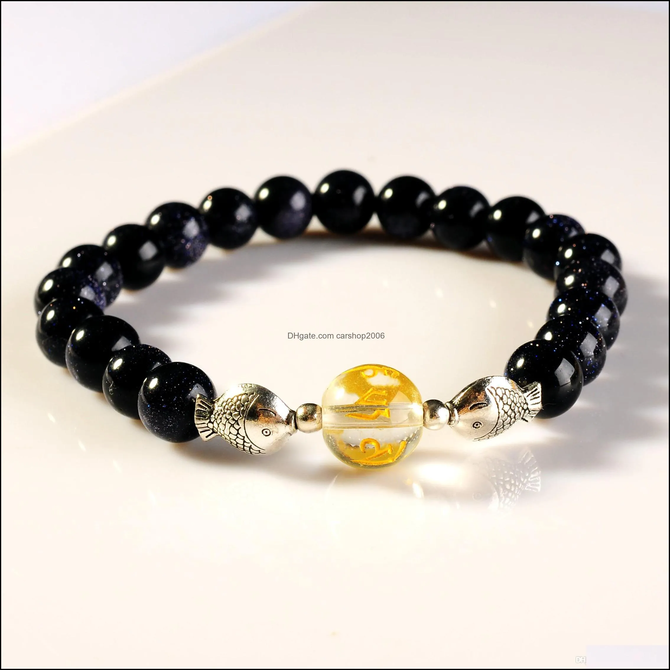 Six-word Mantra Buddhist Gemstone Bracelet Crystal Plus Alloy Fish Men and women Religious Bracelet