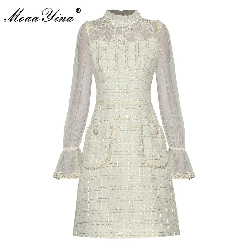 Mode designer jurk herfst damesjurk mesh flare mouw kralen lovertjes patchwork plaid wollen doek jurken 210524