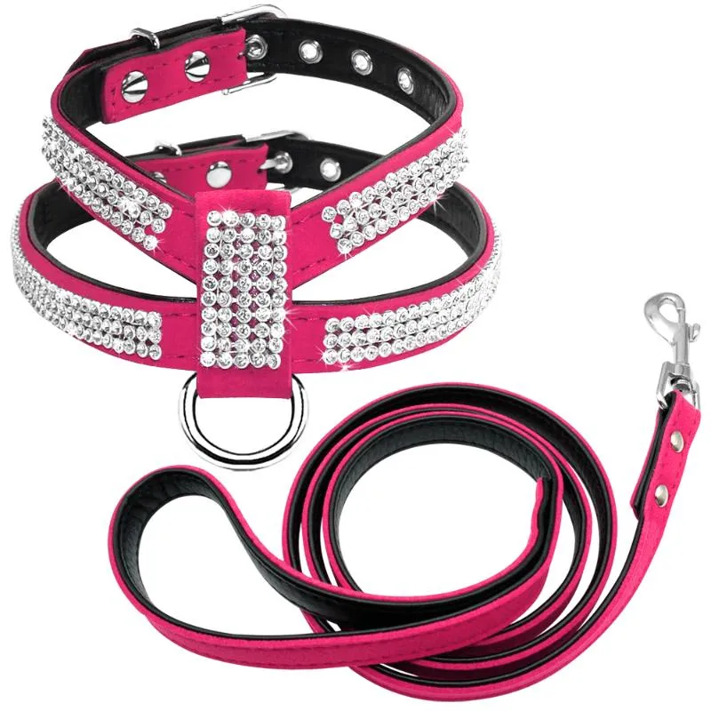 犬の襟のLeashes Bling Rhinestone HarnessレザーPuppy猫ベストリーシュセット小さな中央のチワワのPug Yorkshireペット用品