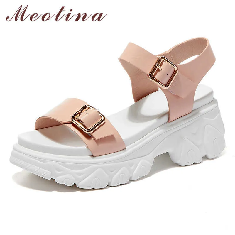 Meotina Sandalias Mujeres Genuine Cuero Plataforma Cuña Tacones Zapatos Hebilla Femenina Hebilla Alta Heel Dama Calzado Sandalias de verano Beige Pink 210608