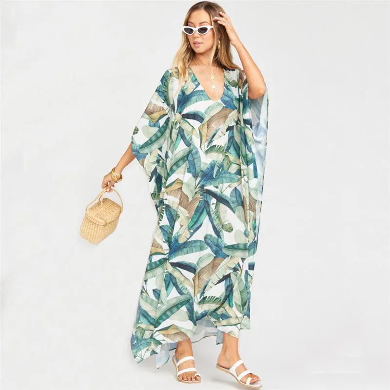 Boheemse vrouwen Summer Beach Dress Bikini Cover Up Tunic Sexy Deep V-Neck Losse Robe Kaftan Cover-ups Pareo Sarong Sarongs