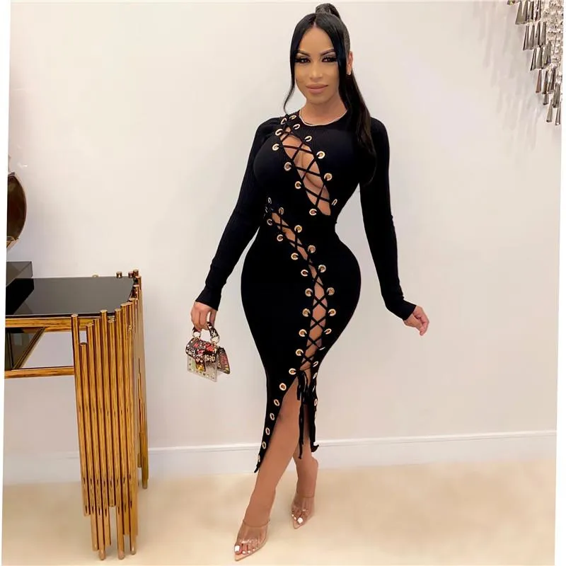 Women Sexy Solid Color Dress Long Maxi Knit Ribbed Sleeve Tight Woman Dresses Winter Autumn Vestido De Mujer Vestidos Casual