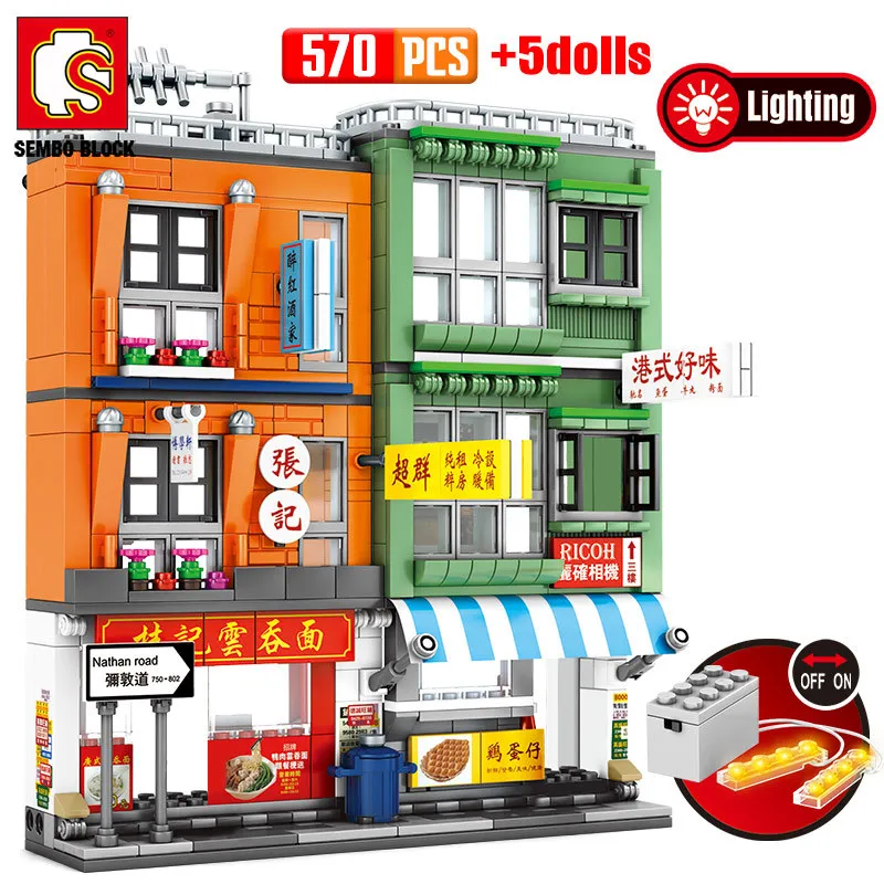 Sembo City Street View Hong Kong Style Shop Figures Bricks Creator LED Huis Architectuur Bouwstenen DIY Speelgoed voor kinderen X0503