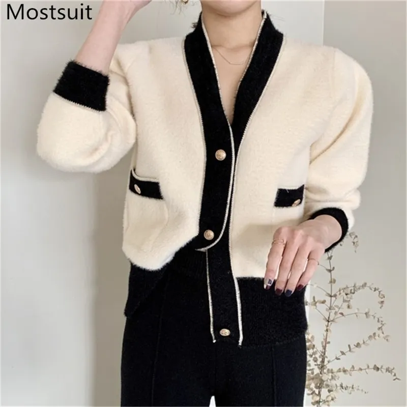 Korean Elegant Furry Knitted Women Cardigans Sweaters Winter Vintage V-neck Full Sleeve Single-breasted Color-blocked Tops 210513