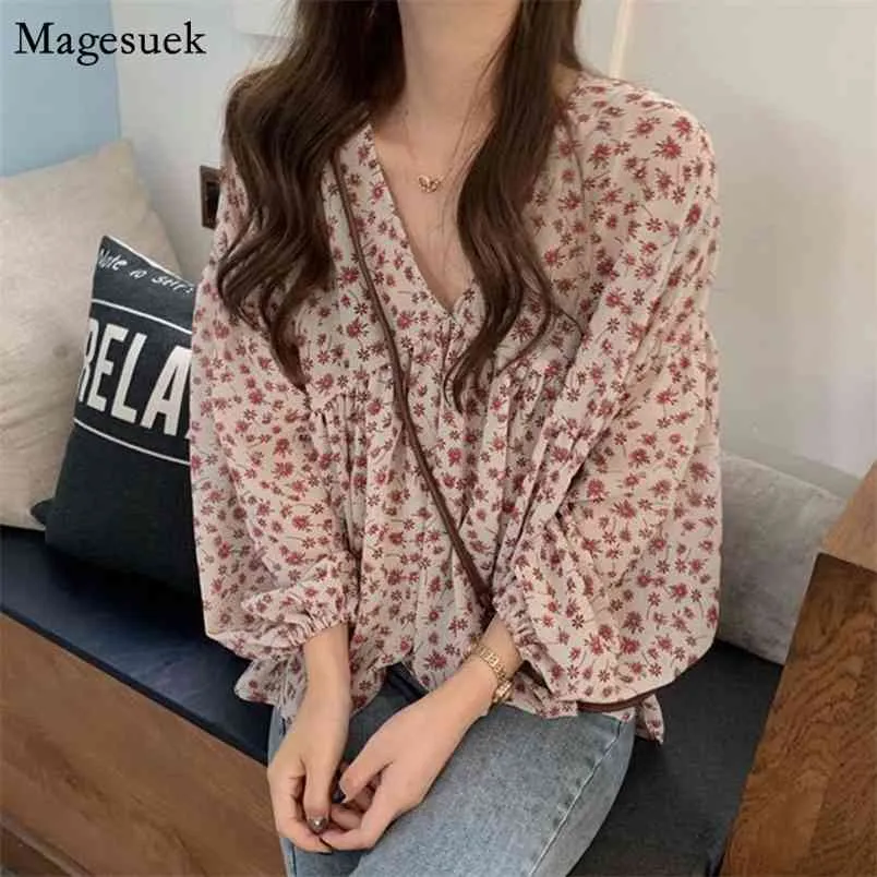 Camicetta sottile in chiffon Donna Donna dolce coreana Top Camicia con scollo a V Stampa maniche lunghe Camicie femminili Camicette allentate casuali 9307 210512