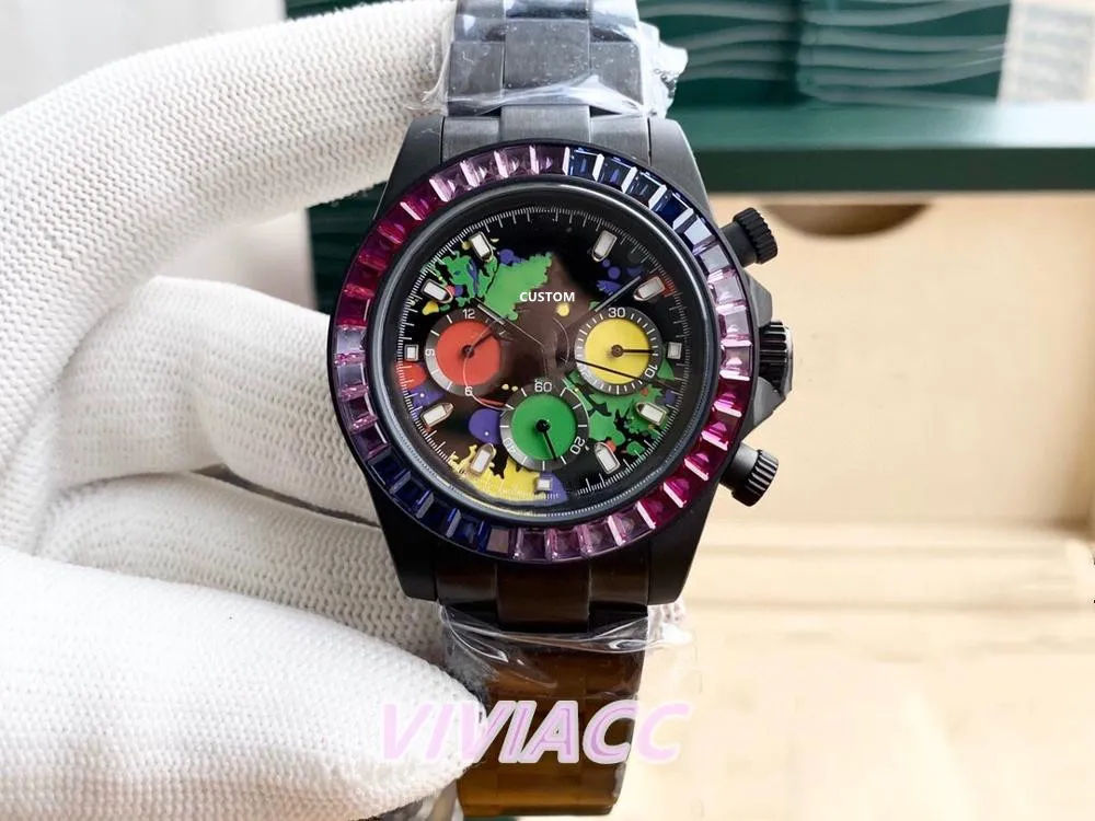 Klasyczny chronograf Multicolor Graffiti Zegarki Kobiety Rainbow Diamond Kolorowe Cyrkony Purpurowa Bezel Gradient Watch Mężczyźni Automatyczny zegar mechaniczny