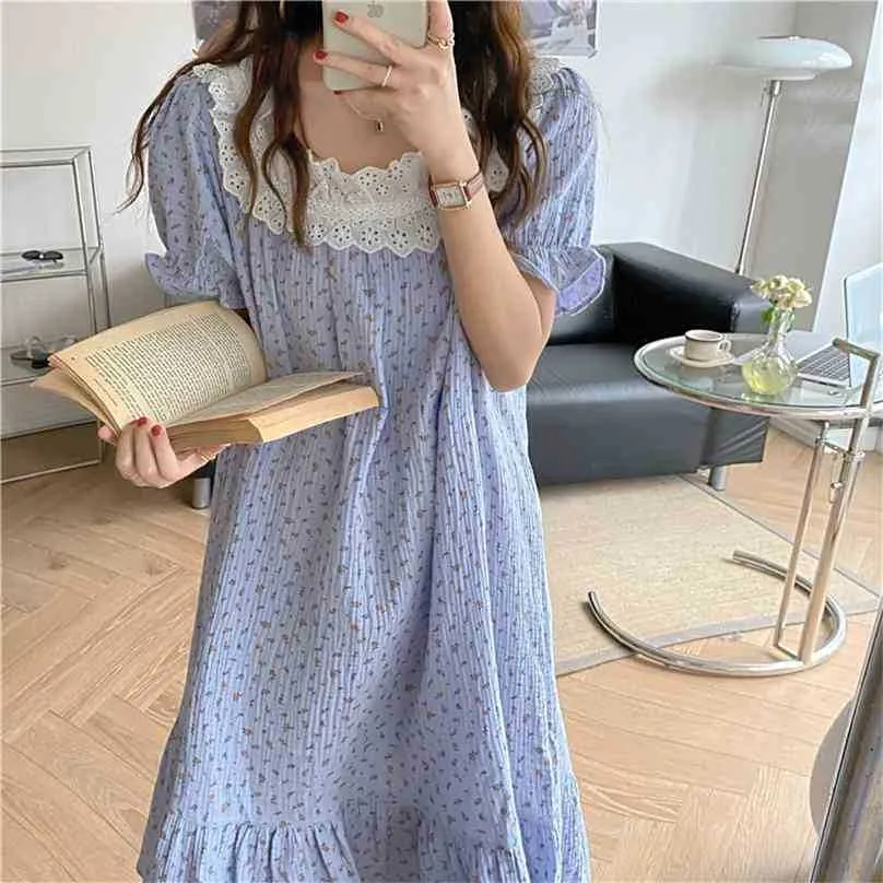 Sweet Sleepwear Girls Florals Printed Home Wear Lace Patchwork Princess Kvinnor Chic Loose Cotton Pyjamas Nightdress 210525