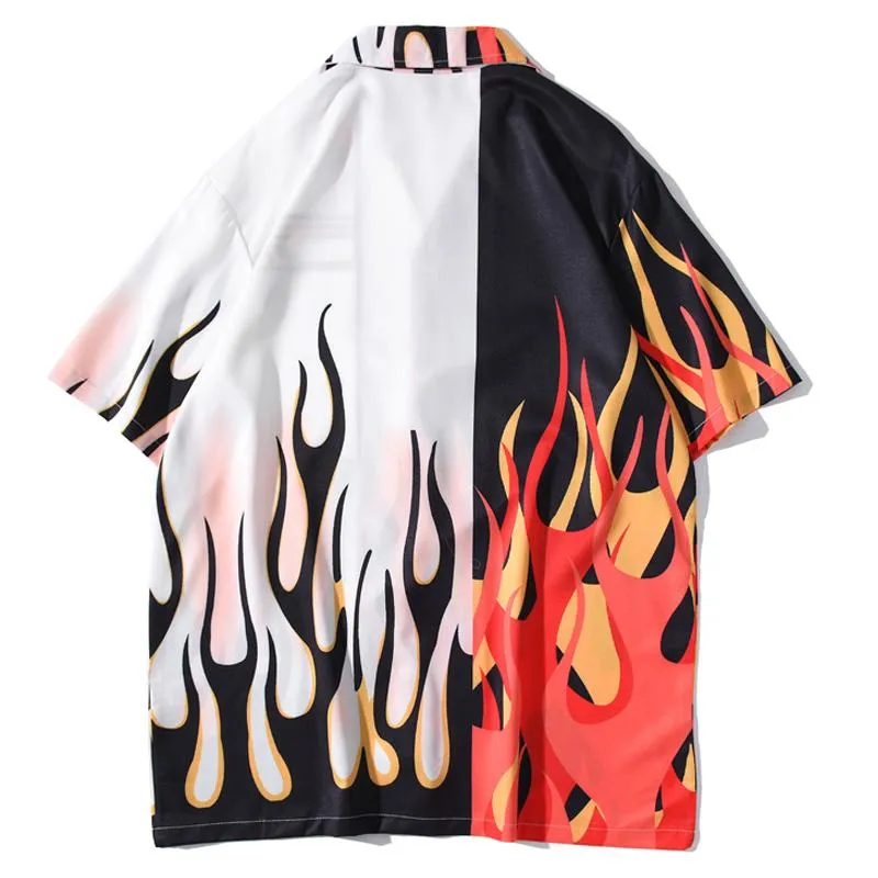 Men's Casual Shirts Bonita Vida Hawaiian Streetwear Fire Flame Color Block Patchwork Shirt Men Harajuku Hip Hop Beach Button 215g