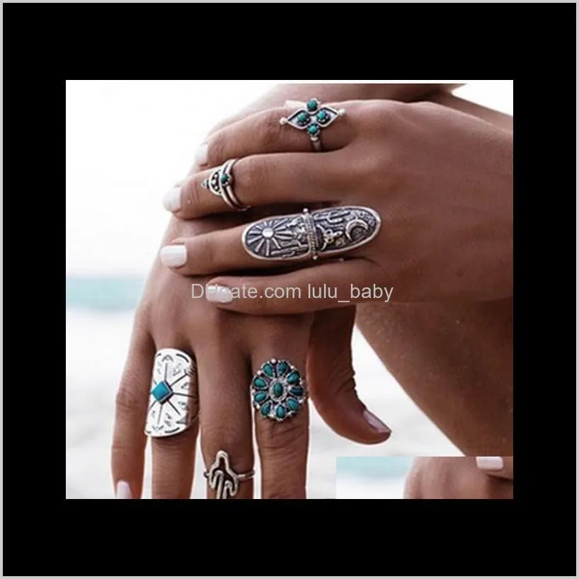 bohemian knuckle ring sets 9 pcs set antique silver alloy turquoise arrow ring sets for girls/ladies