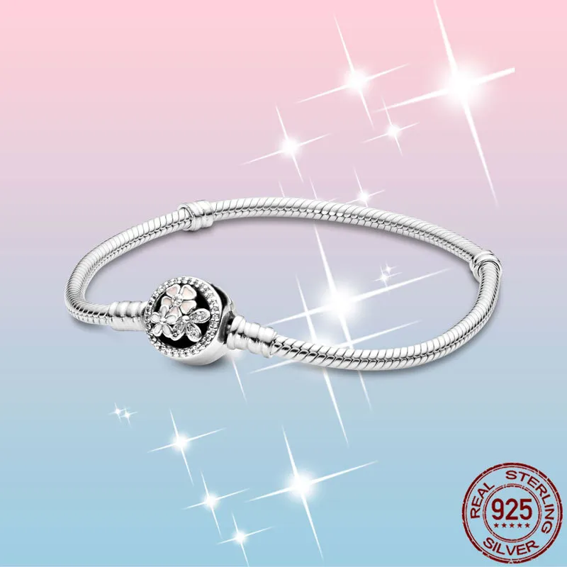 Femme Pulseira 925 Sterling Silver Bransoletka Biała Emalia Daisy Kwiat Wąż Łańcuch Bransoletki Bransoletki Kobiety Biżuteria Dokonywanie prezent