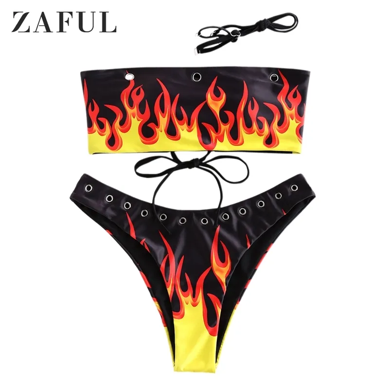 Zaful biquíni bandeau feminino sem alças sexy maiô com estampa de chamas ilhós roupa de banho feminina conjunto de biquínis acolchoado 210318