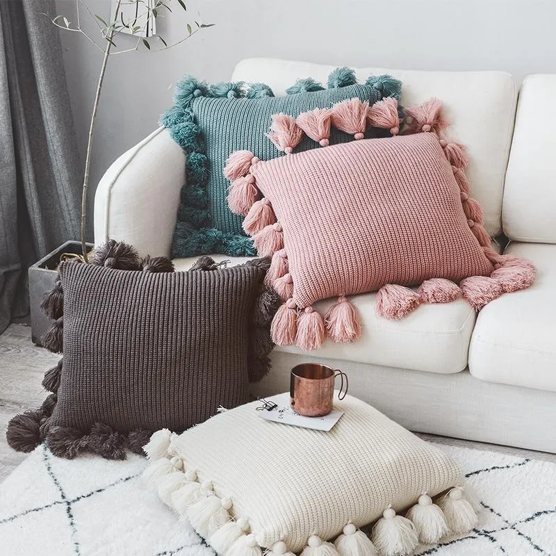 Oreiller/couverture tricotée décorative, étui de couleur unie avec pompon 45 45cm pour canapé-lit, chambre d'enfant, taie d'oreiller décorative pour la maison