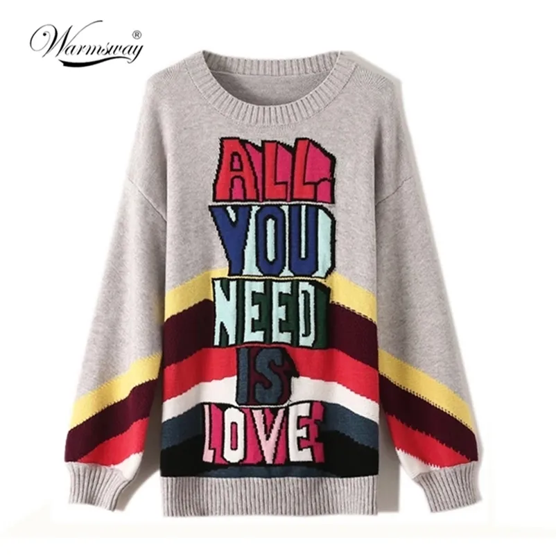 Märke Designer Fall Winter Sweater Tjock Varma Pullovers Fashion Rainbow Letter Jacquard Knitwear Women O Neck Tops C-043 210522