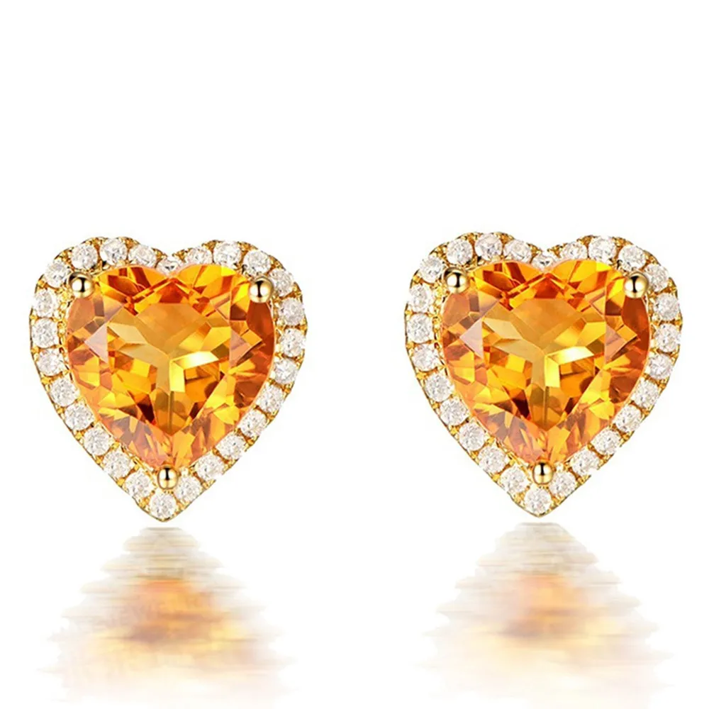 Pendientes de tuerca de cristal amarillo con piedras preciosas de citrino 3 s para mujer, pendientes de circonita con diamantes de color dorado de 18k, joyería de lujo, regalo de corazón