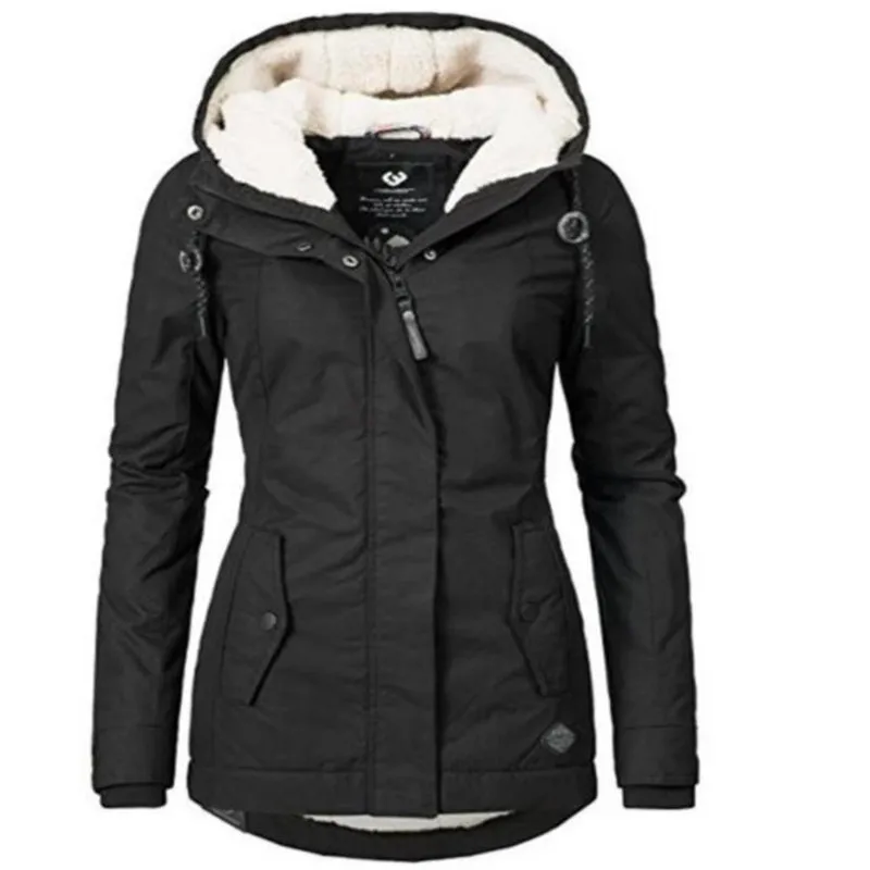 Kvinnors Classic Black Plus Velvet Jacket Tjock Vaded Coat Hooded Coat Höst och Vinter Outwear