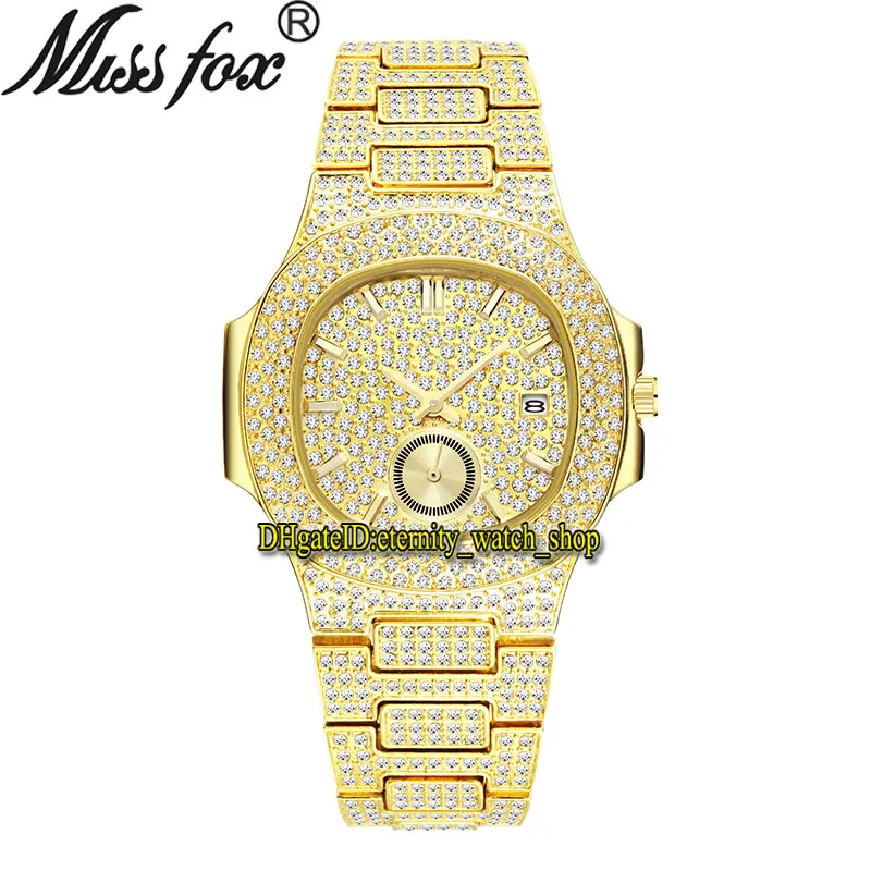 MISSFOX eternity V293B 1 Hip hop Fashion Mens Watches CZ Diamond inlay Dial Quartz Movement Men Watch Iced Out Diamonds Alloy Case Gold Bracelet