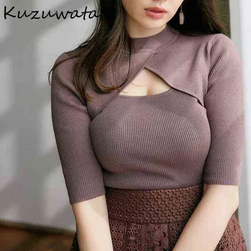 Höst Sweet Women Sweater O Neck Sexig Hollow Criss Cross Half Sleeve Solid Slim Strikkad Pullover Japan Style Jumper 211217