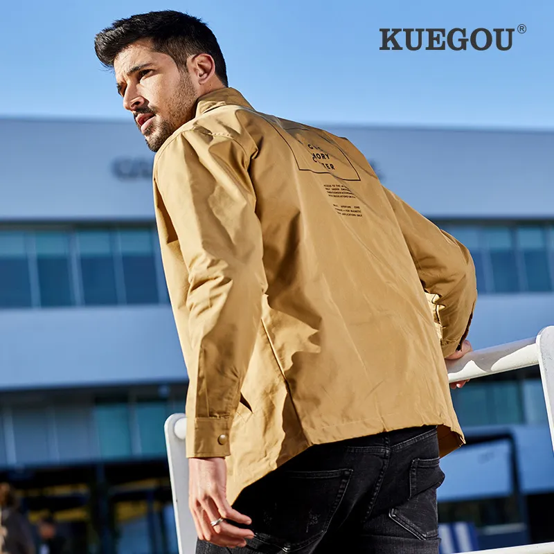 Kuegou Brand Men's windbreaker Winter fashion handsome printing lapel single-breasted leisure coat BF-6905 210524