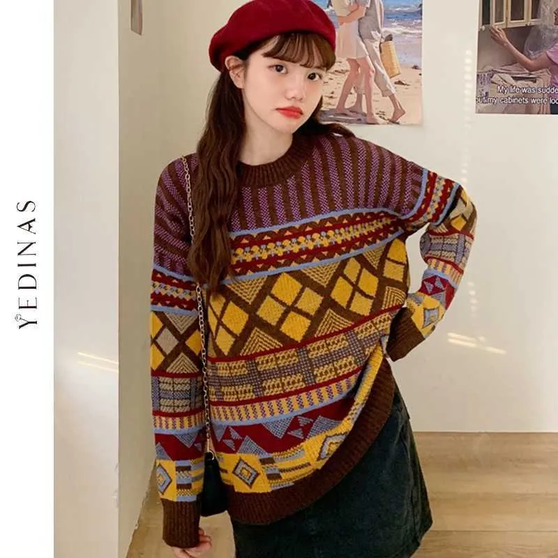 Единас вязаный жаккардовый свитер Цветочный старинный с длинным рукавом пуловер женщин свободные женские джемпер корейский стиль осень зима 210527