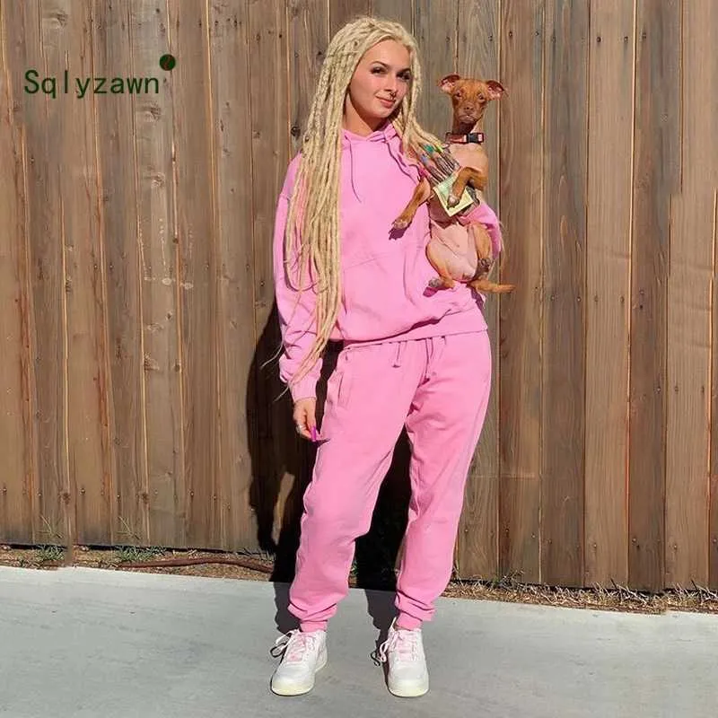 2021 Pink Solid Tracksuit Women Set Casual Outfit Two Pieces Set Hooded Top Pants Suit Long Sleeve Clothing Set Streetwear Femme Y0625