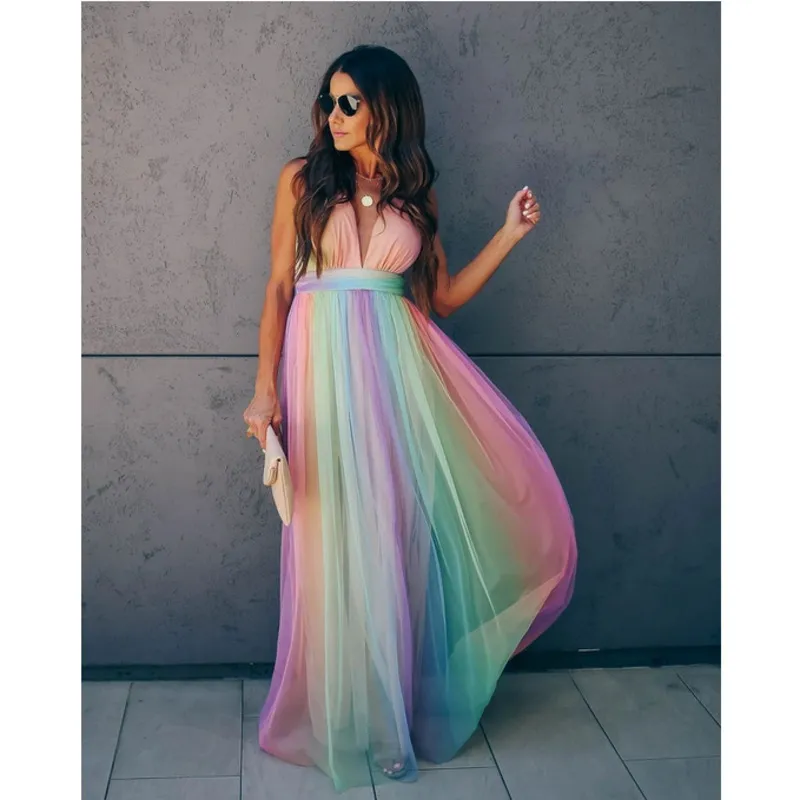 Damska Rainbow Beach Slip Dress Summer New Fashion Ladies Sling Vestidos Sexy Głębokie V Siatki Suspended Maxi Party Dresses 210422