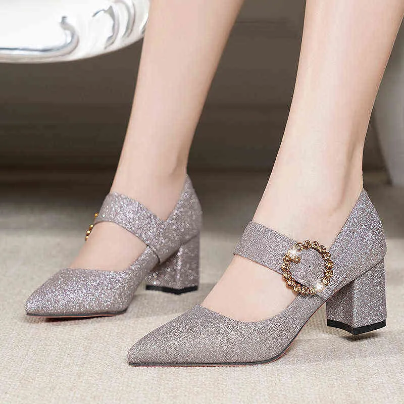 Chaussures habillées Mary janes chaussures femme paillettes cristal boucle en métal bout pointu escarpins habillés mode tout match gros talons hauts 6cm confortable femme 220315