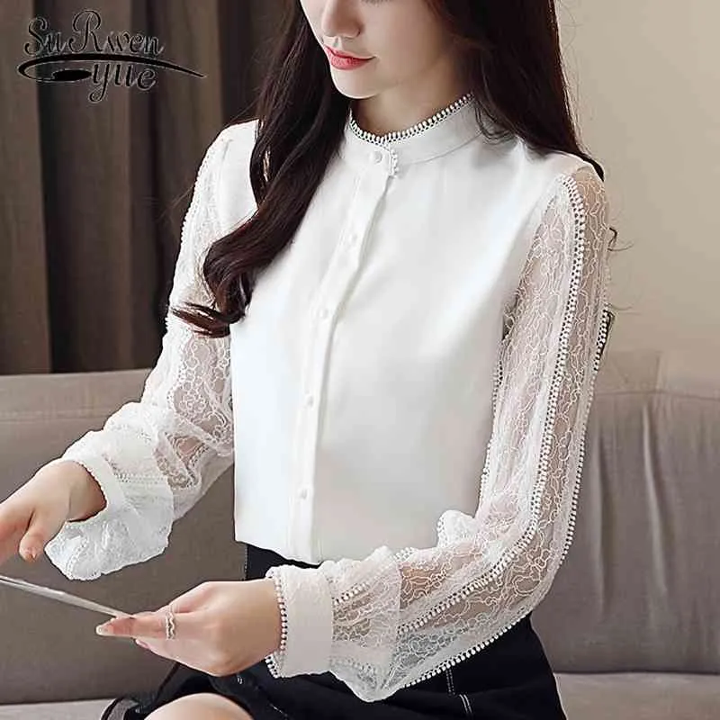 Solide Frauen Tops und Bluse Ankunft Langarm Chiffon Casual Büro Dame Vintage Stand Spitze Hemd 8099 50 210521