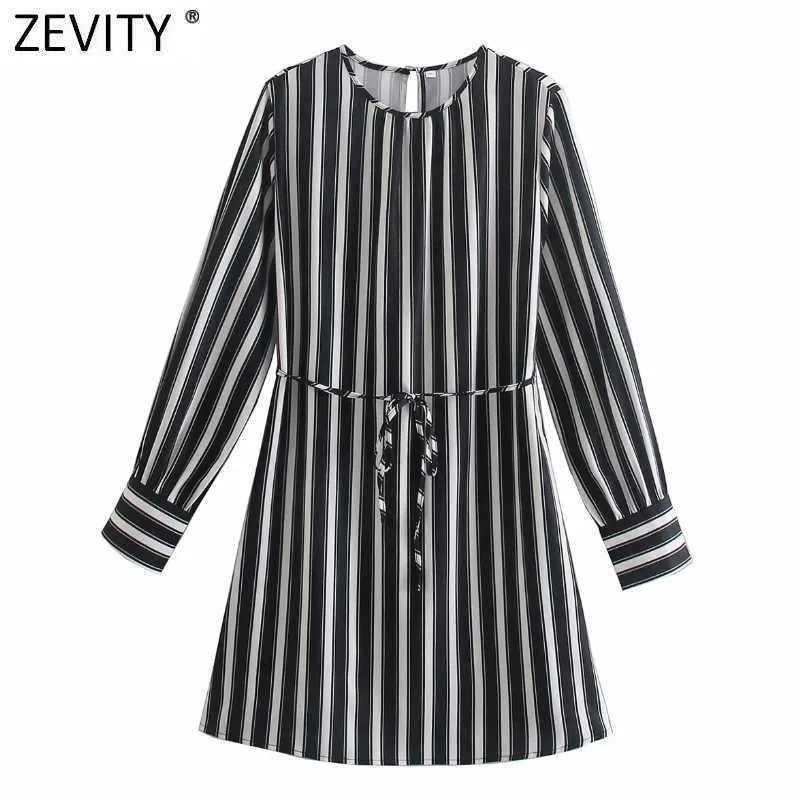 Zevity Womenビンテージブラックホワイトストライププリントプリントサッシミニドレス女性シックOネックロングスリーブストレートvestido DS5078 210603