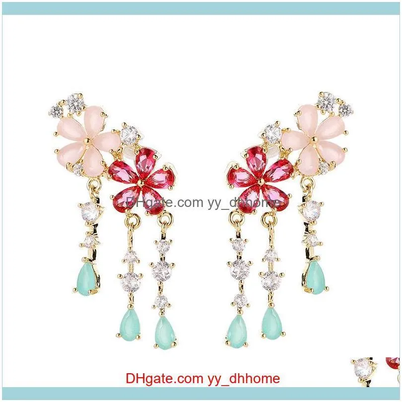 Korea s925 silver needle zircon earrings candy color protein green pink flower earrings long fringe temperament sweet super fairy