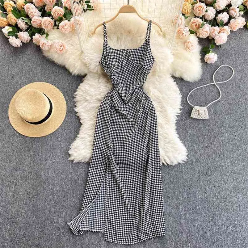 Moda temperamento vestidos vestido de verão vestido retro houndstooth slim sling sexy midi gk790 210507