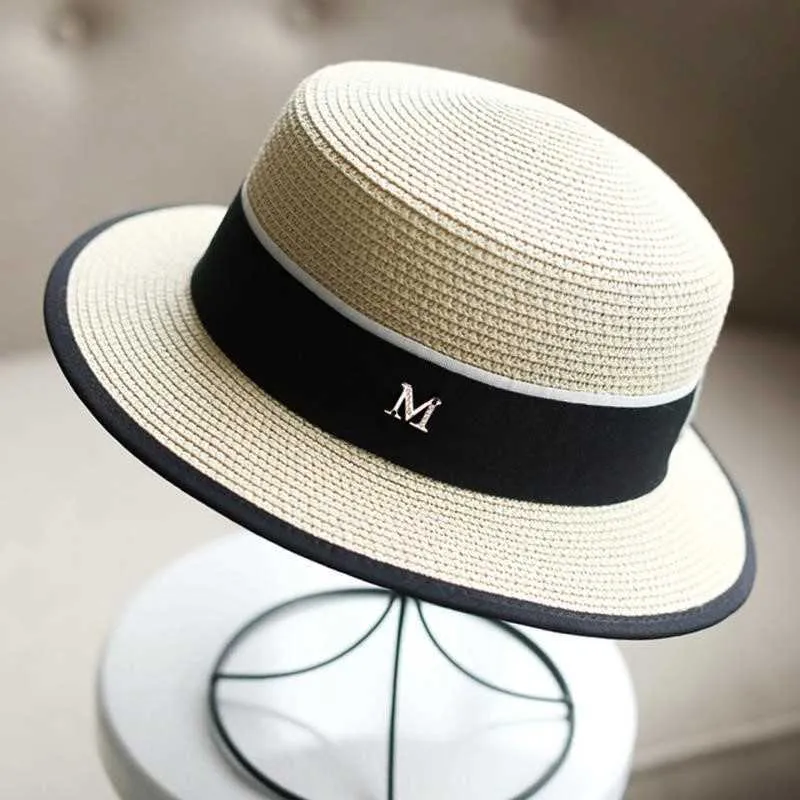 M lettre ruban rond plat haut chapeau de plage dame plaisancier casquettes Panama paille Fedora femmes voyage soleil casquette Snapback Gorras