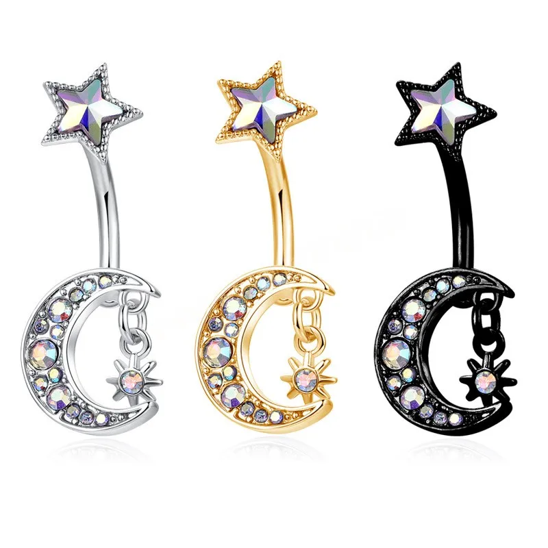 Anelli con bottone a campana per ombelico di lusso Anello per pancia con stella di luna d'oro Gioielli per piercing con strass Ab