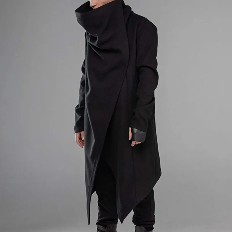 QNPQYX 새로운 남성 망토 코트 스트리트웨어 Turtleneck 단단한 긴 소매 패션 남자 케이프 겉옷 펑크 스타일 불규칙 재킷 S-5XL