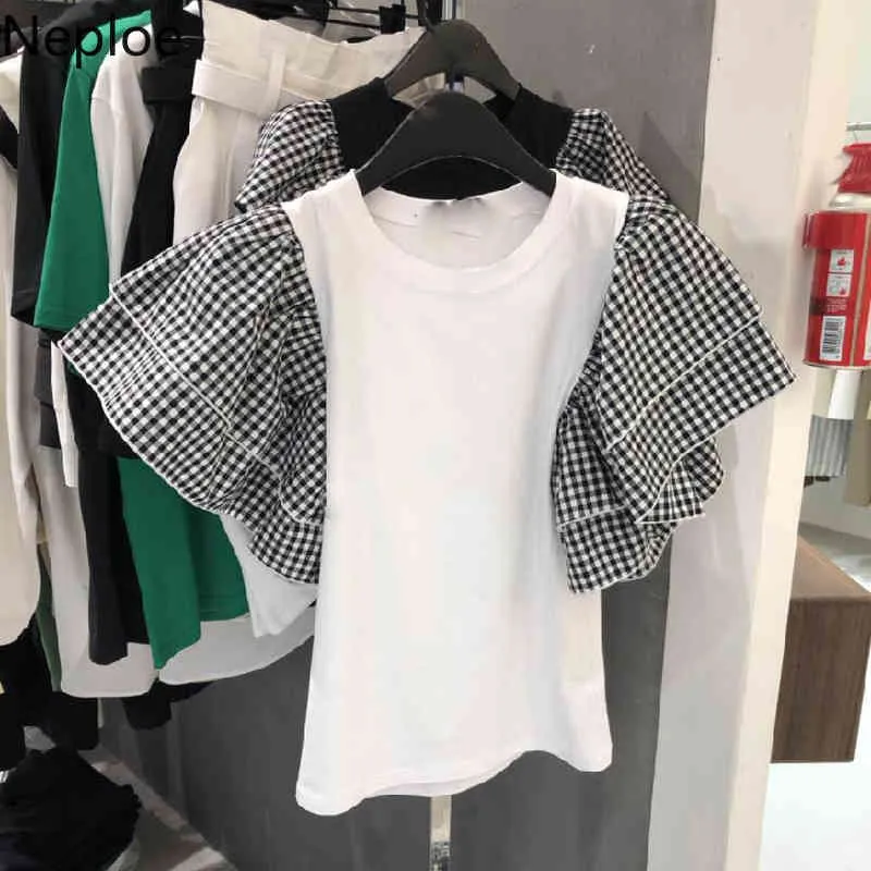Neploe koreanska chic tröjor för kvinnor sommar patchwork kontrast färg tshirt o-nacke butterfly ärm casual tees toppar mujer 210422