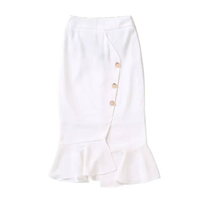 White Black Mermaid Trumped Ruffle Knielengte Rok High Street Empire Button Summer Solid S0238 210514