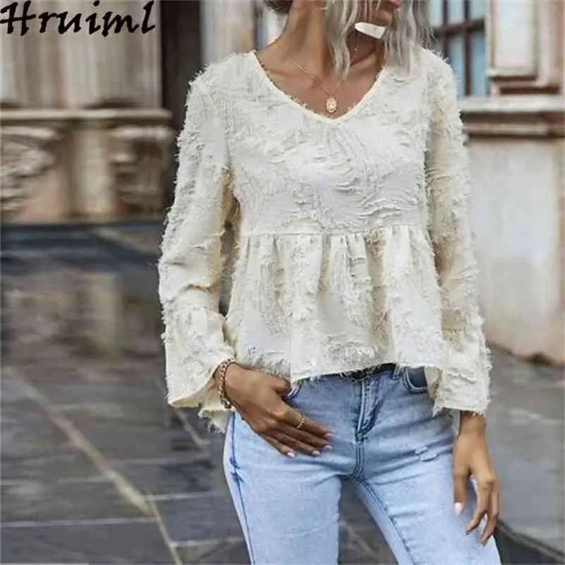 Z Długim rękawem V-Neck Top Casual Solid Color Fashion Spersonalizowany Bluzka Kobiety Wakacje Elegancka Luźna Koszula Office 210513