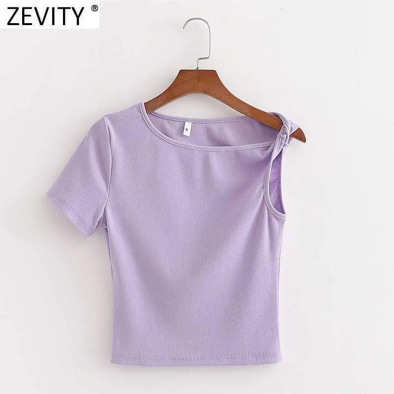 Zevity Women Sexy Solid Collor Singel Kortärmad Asymmetrisk Kort T-shirt Kvinna Chic Design Basic Summer Crop Tops LS9060 210603