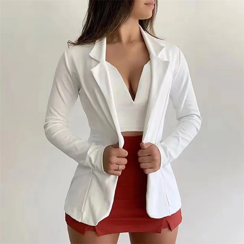 女性のブレザーホワイト長袖Sジャケットコートスリムオフィスレディジャケット女性トップススーツフェムミ211019