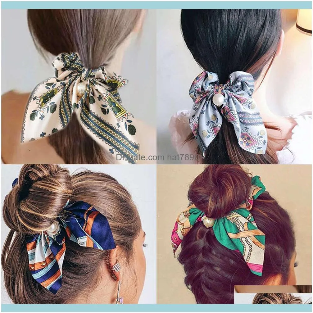 Gioielli Gioielli da donna Elegante stampa vintage Fiocco Nodo Perle Fasce per capelli elastiche Fascia per capelli dolce Elastico Scrunchie Moda Aessories Drop De